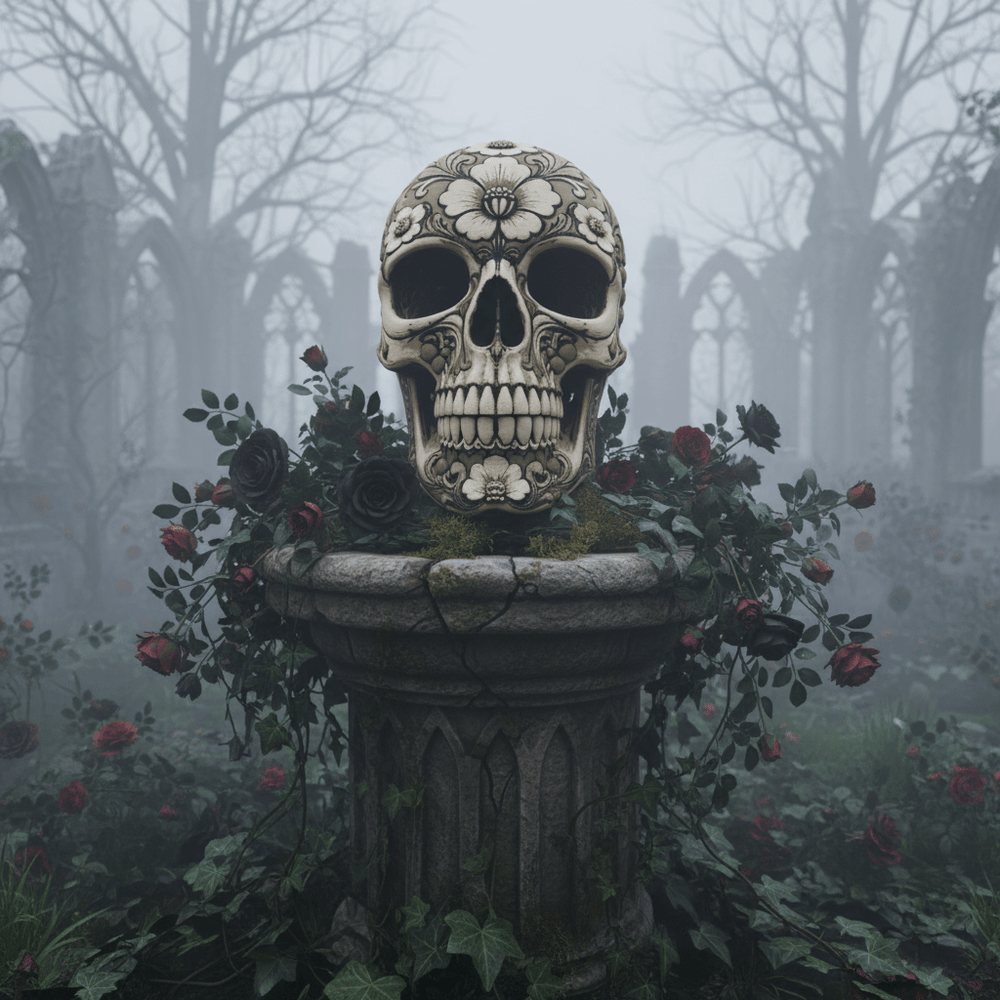 BloomRot Gothic Skull Sculpture with Flowers Dark Botanical