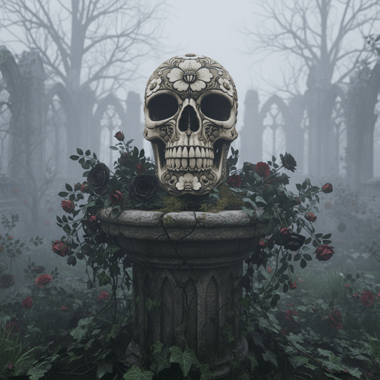 BloomRot Gothic Skull Sculpture with Flowers Dark Botanical