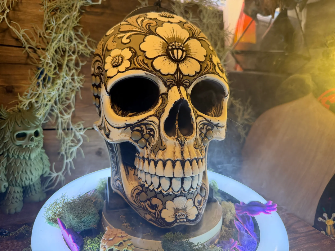 BloomRot Gothic Skull Sculpture with Flowers Dark Botanical