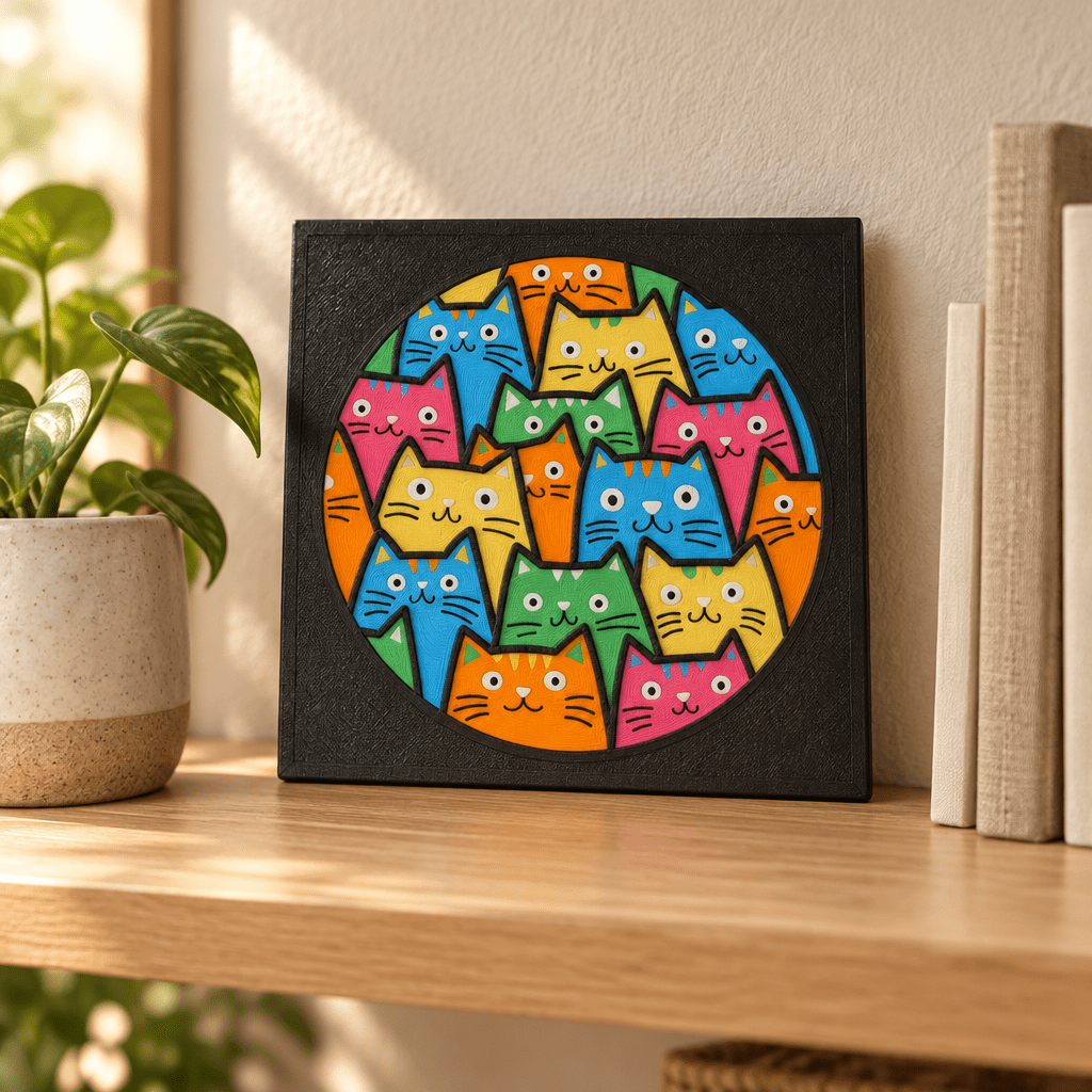 Cat Crowd Wall Art | 8 × 8-Inch 3D Printed Cat Mosaic - Fiendworks Studio