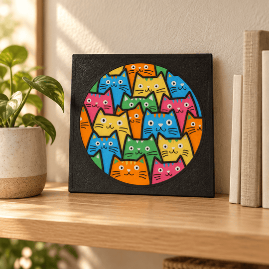 Cat Crowd Wall Art | 8 × 8-Inch 3D Printed Cat Mosaic - Fiendworks Studio