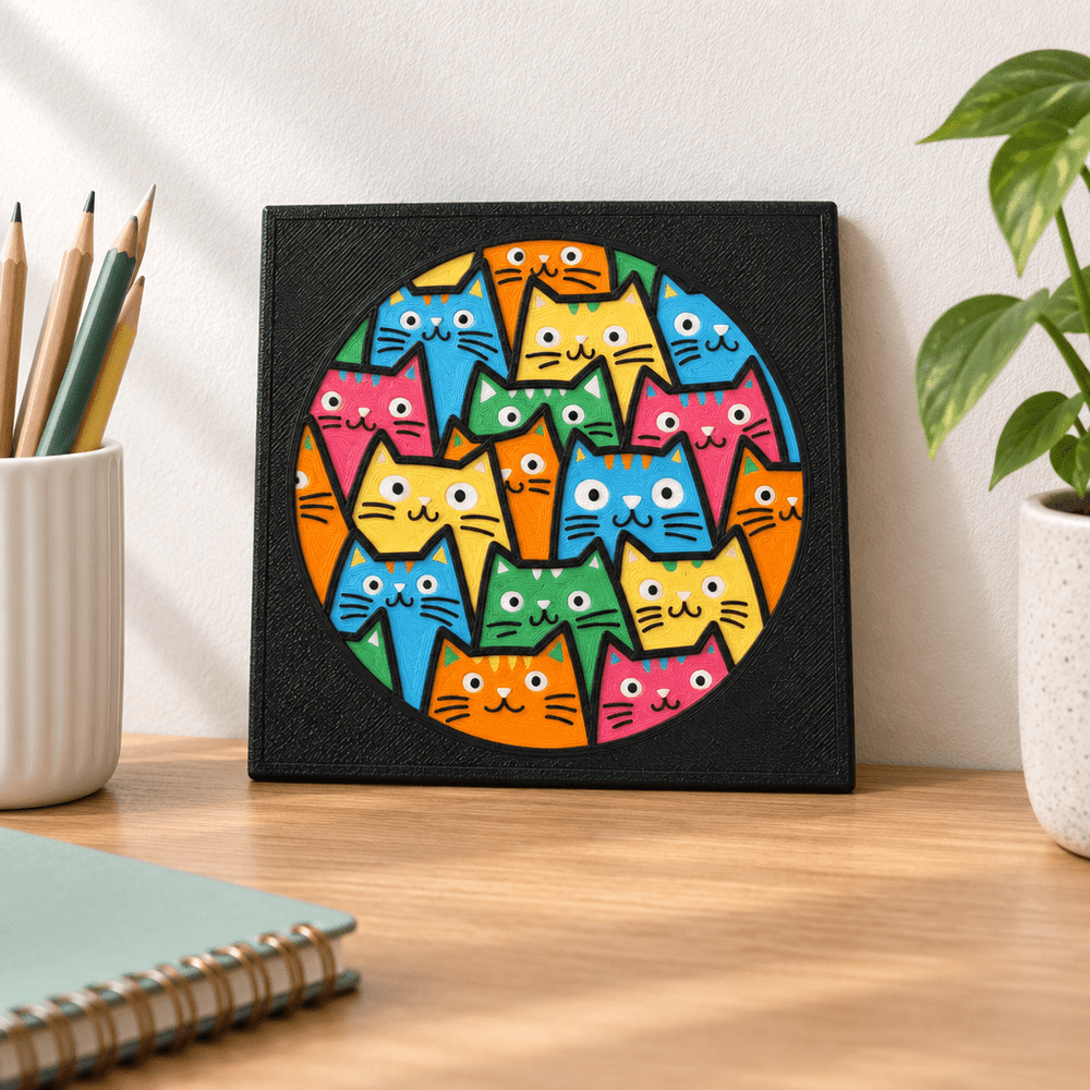 Cat Crowd Wall Art | 8 × 8-Inch 3D Printed Cat Mosaic - Fiendworks Studio