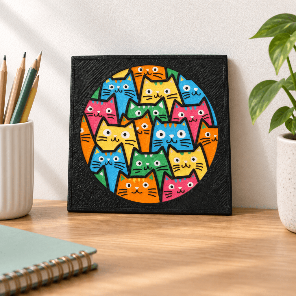 Cat Crowd Wall Art | 8 × 8-Inch 3D Printed Cat Mosaic - Fiendworks Studio
