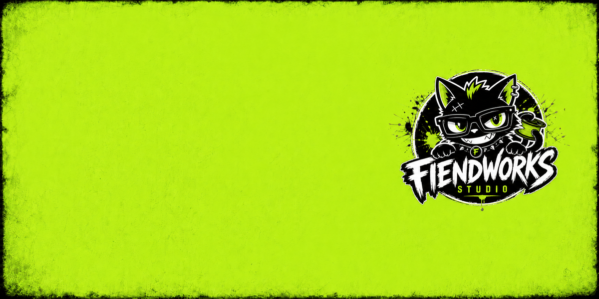 A bright lime green graphic background with a distressed black border and a stylized black cat logo on the right side reading 'Fiendworks Studio'.